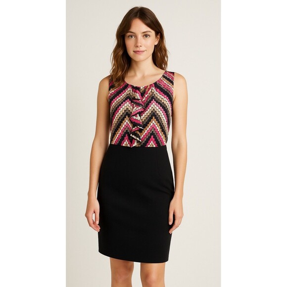 Trina Turk Women's 2 Black Dress Silk Mini Ruffled Chevron Cocktail Romantic - Picture 1 of 9